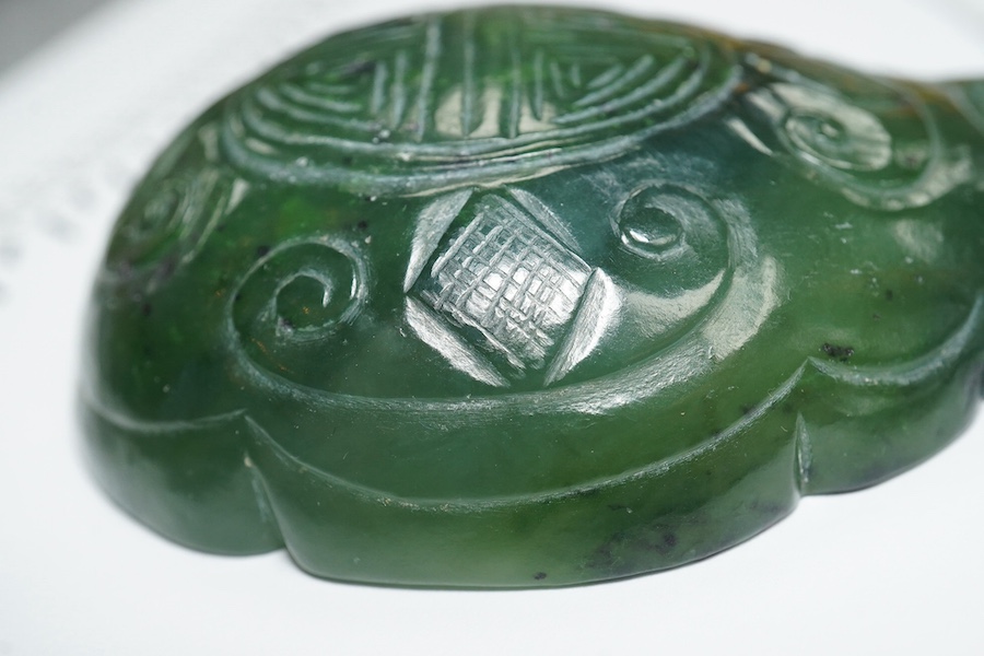 A Chinese spinach green jade two-piece belt buckle, 18th/19th century